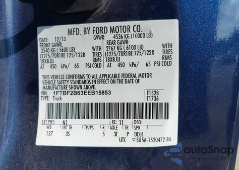 2014 Ford F-250 Xlt из США, поврежденный, VIN 1FTBF2B63EEB15853